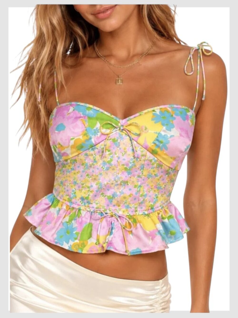 For Love & Lemons Emily Crop Top Pastel pink blue Floral Smocked Peplum XS